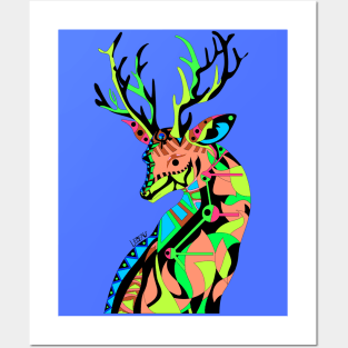 blue kitsch deer venado in mexican patterns ecopop art Posters and Art